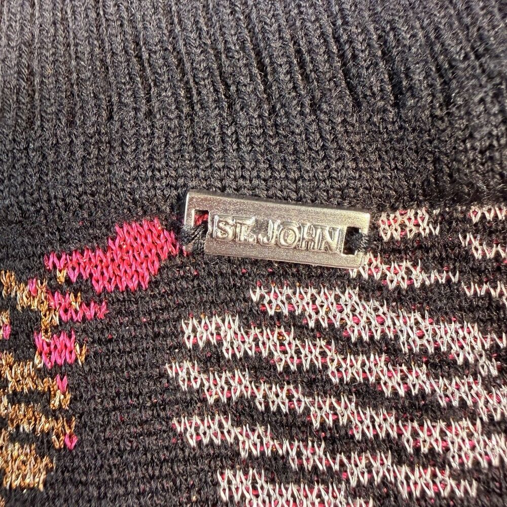 St. John Black Pink Gold Metallic Floral Print Wool Blend Cardigan Sweater Large - Picture 13 of 13